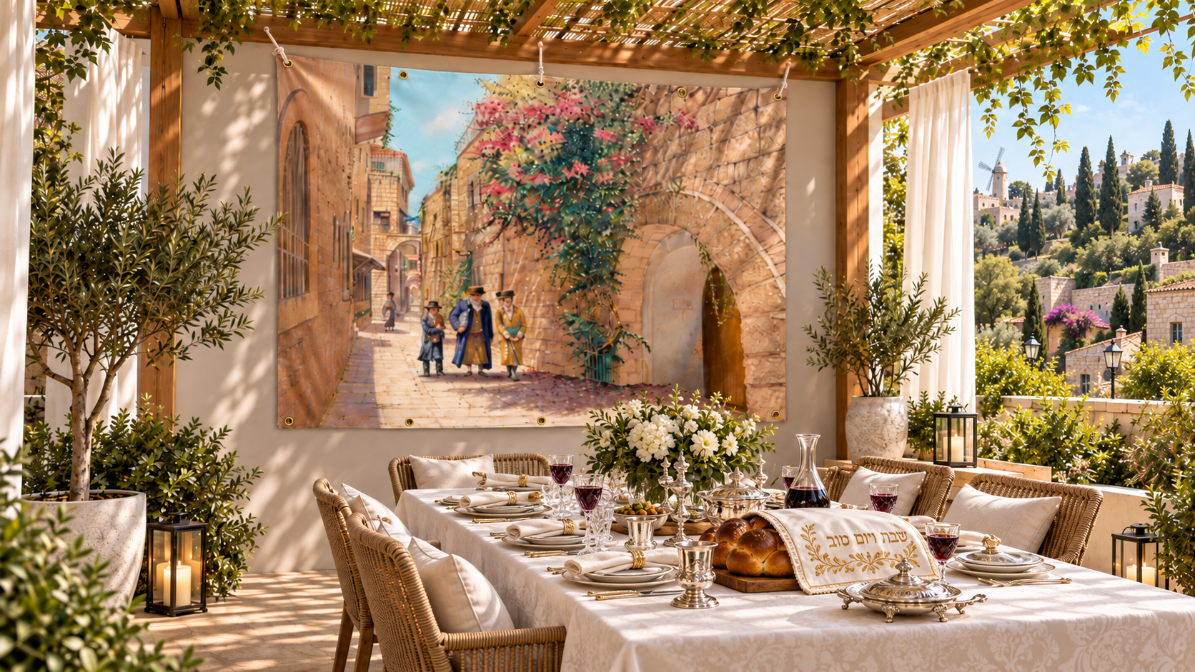 Sukkah with a medium-size Jerusalem street mural above a set dining table