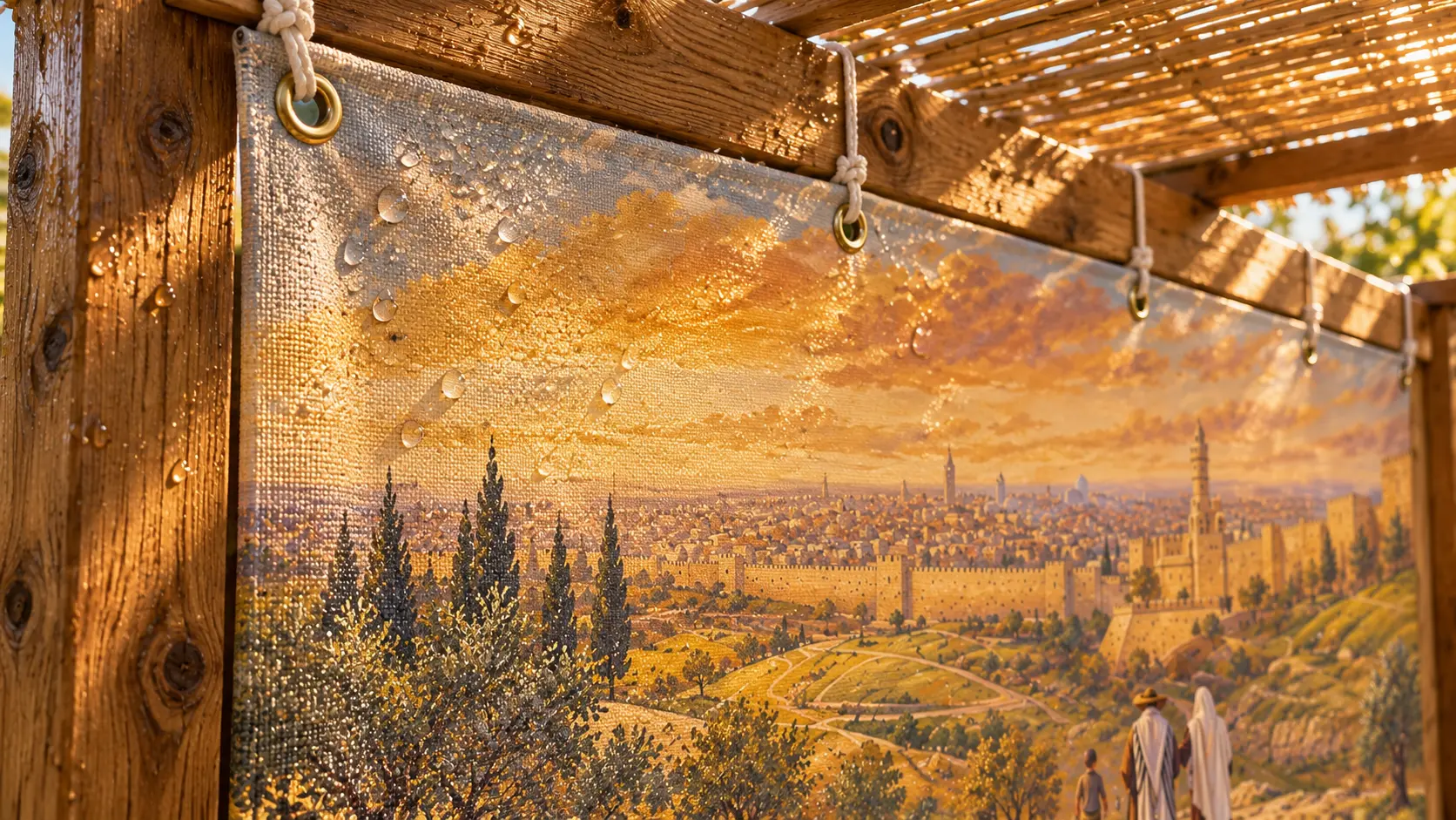 Weatherproof Jerusalem mural hanging from reinforced grommets in a sukkah
